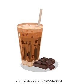 Iced cocoa in a clear glass with a chocolate bar.There is a tube in the glass.Vector illustration isolated on white background.