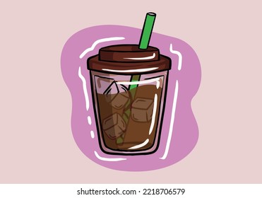 Iced Coffee Americano, Plastic Cold Cup, Vector Illustration. Isolated Image on White Background.