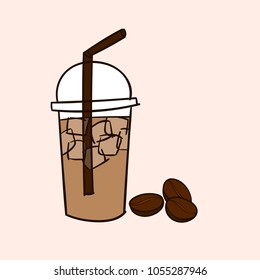 Iced Coffee with coffee beans. Doodle drawing vector