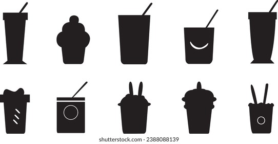 Iced coffee black flat icons set. Iced coffee black silhouettes set. Vector illustration