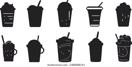 Iconos planos negros de café picado. Se colocan siluetas negras de café helado. Ilustración del vector