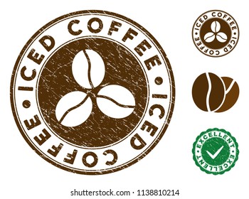 Iced Coffee brown stamp. Vector seal print imitation with grunge surface and coffee color. Round vector rubber seal stamp with grunge design of Iced Coffee label. Bonus excellent mark.
