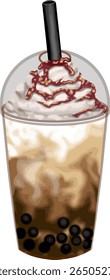 Iced coffee bubble tea featuring chewy tapioca pearls, thick straw, and rich caramel drizzle