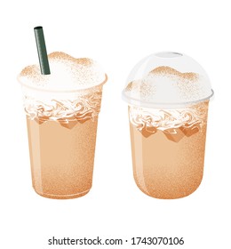 Iced Coffee Cappuccino, with Milk Foam,  Clear Plastic Cold Cup, Vector Illustration. Isolated Image on White Background.