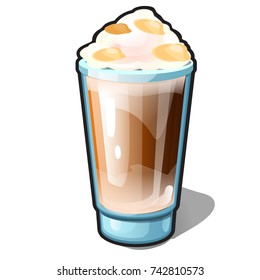 An iced coffee with caramel and whipped cream in a glass cup isolated on a white background. Recipes of delicious drinks or beverage and cocktails. Cartoon vector close-up illustration.