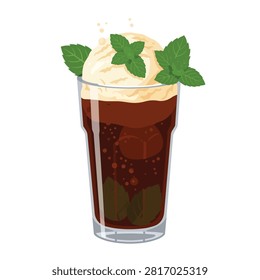 Iced Coffee or Cola Float with Vanilla Ice Cream and Fresh Mint Leaves Isolated on White Background