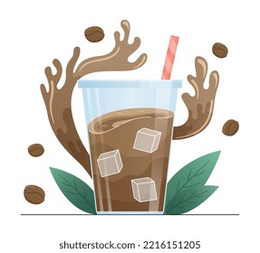 Iced coffee concept. Way to cool hot drink, symbol of hot weather and summer season. Aroma and beverage. Cappuccino, mochachinno and latte. Poster or banner. Cartoon flat vector illustration