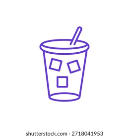 Iced Coffee Cup Icon. Thin Line Illustration of Disposable Cup with Ice Cubes and Straw, Pictogram of Cold Beverage, Refreshing Drink and Summertime Coffee Treat, Symbol of Cafe Takeaway.