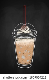 Iced Coffee Cup Isolated On Black Chalkboard Background. Vector Chalk Drawn Sideview Grunge Illustration.