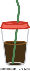 Taza de café helada con tapa de plástico y paja doblada en un vidrio transparente para llevar. Concepto de refresco, bebida para llevar, aumento de cafeína y bebida para llevar. Ilustración vectorial de dibujos animados.