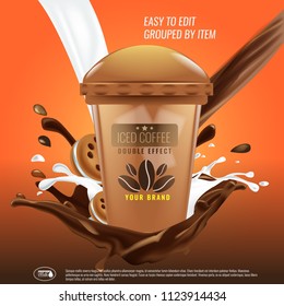 Iced coffee cup with pouring down chocolate splash and cookies advertising layout. Illustrated vector.