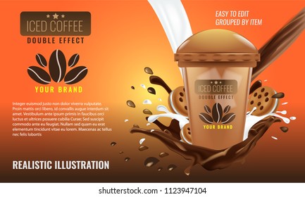 Iced coffee cup with pouring down chocolate splash and cookies advertising layout. Illustrated vector.