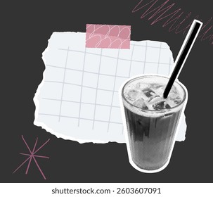 Iced coffee cup with straw and paper page collage. Doodle memo template, squared noted taped on black wall.