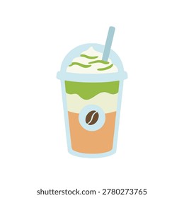 Iced Coffee Cup with Whipped Cream and Straw, Flat Vector Frappe Illustration