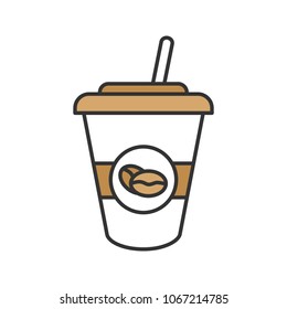 Iced coffee drink color icon. Disposable coffee cup with straw. Isolated vector illustration