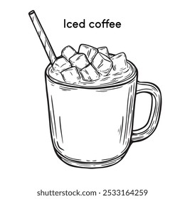 Iced coffee drink in a cup with a straw. Line art style vector. A cup of iced drink engraving. 