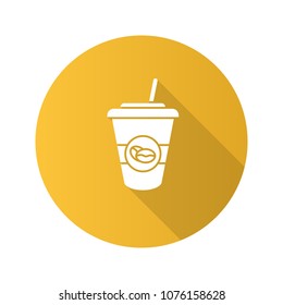 Iced coffee drink flat design long shadow glyph icon. Disposable coffee cup with straw. Vector silhouette illustration