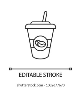 Iced coffee drink linear icon. Thin line illustration. Disposable coffee cup with straw. Contour symbol. Vector isolated outline illustration. Editable stroke
