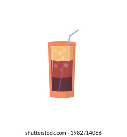 Iced coffee drink with three color layers in glass with straw. Sweet cold beverage with espresso, latte, milk layer and ice isolated on white background, vector illustration.