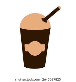 Forma de café gelado na xícara de take-way com tampa de cúpula e palha isolada no fundo branco. Ilustração de bebida de vetor plano com rótulo. 