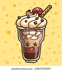 Iced coffee in a glass, decorated with cream and chocolate. Vector cartoon kawaii illustration.