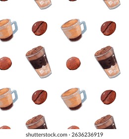 Iced coffee glass and egg cream coffee cup seamless pattern. Vietnamese signature coffee watercolor elements. Food and beverage background for coffeeshops, restaurants. Vintage brown realistic style. 