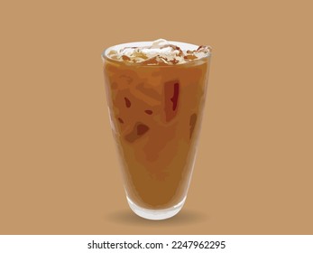 Iced coffee in a glass Isolated on light brown background.