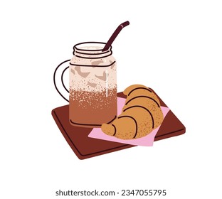 Frasco de café helado con leche, cruasán francés. Masa fría y panadería fresca. Bebida fría, bebida lechosa, postre al horno para el desayuno de verano. Ilustración vectorial plana aislada en fondo blanco