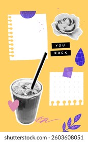 Iced coffee glass and rose on bright yellow paper collage with torn paper note pieces. Vector template of bold modern journal page