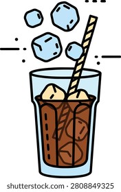 Iced Coffee Glass with Straw and Floating Ice Cubes Illustration