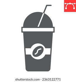 Iced coffee glyph icon, frappe and drink, ice latte vector icon, vector graphics, editable stroke solid sign, eps 10.