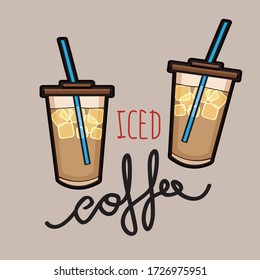 Iced coffee with ice and cream doodle drawing vector image
