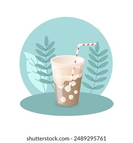 Ilustración de café helado. Taza, paja, cubo de hielo, café. Diseño gráfico de Vector editable.