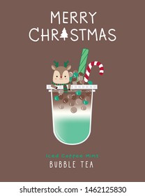 Iced coffee mint Bubble Tea,Christmas style, Reindeer, cute illustration