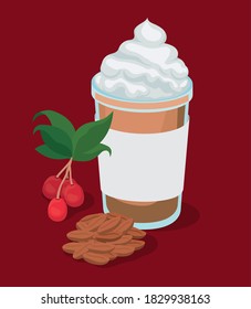 iced coffee mug with cream berries leaves and beans design of drink caffeine breakfast and beverage theme Vector illustration