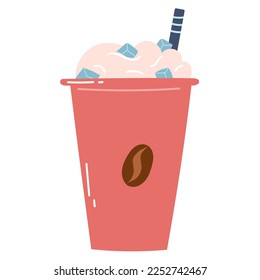 Iced coffee in paper cup with cream and straw. Flat hand drawn vector illustration of cold drink, icon, design element.