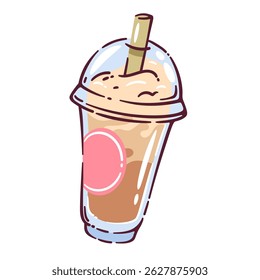 Iced coffee in a plastic cup with dome lid and straw, drawn in a cute cartoon doodle style. Vector illustration of refreshing iced with light brown color and ice cubes inside the cup.