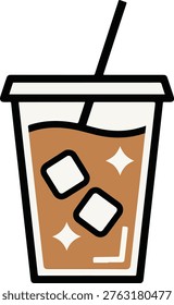 Iced coffee in plastic cup with straw and ice cubes flat vector illustration