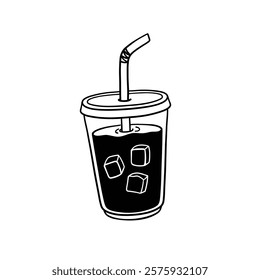 iced coffee in a plastic takeaway cup, black coffee doodle