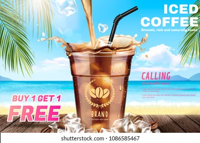 Iced coffee pouring down into a takeaway cup on attractive resort background in 3d illustration