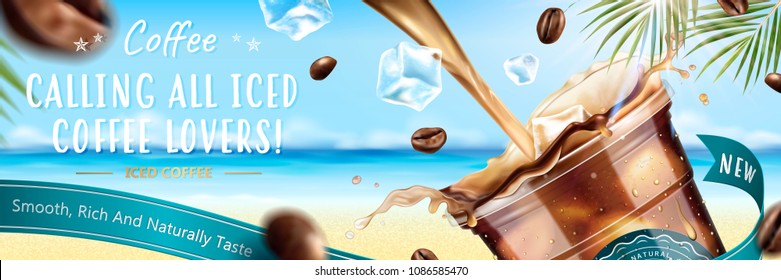 Iced coffee pouring down into a takeaway cup with flying coffee beans on blurry resort background in 3d illustration