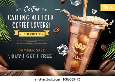 Iced coffee pouring down into a takeaway cup on blackboard background with flying coffee beans in 3d illustration