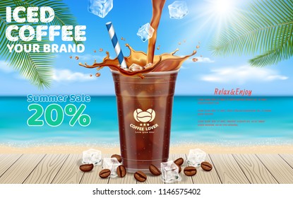 Iced coffee pouring into takeaway cup placed on wooden table with ice cubes, coffee beans ,coconut leaf set for summer beach background.