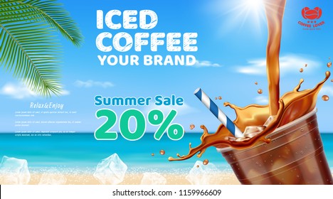 Iced coffee pouring into takeaway cup with ice cubes, coffee beans ,coconut leaf set for summer beach background.