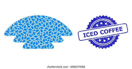 Iced Coffee scratched seal and vector recursion mosaic ice hill. Blue stamp seal includes Iced Coffee text inside rosette. Vector mosaic is composed with scattered rotated ice hill icons.