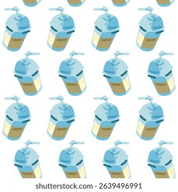 Iced Coffee Seamless Pattern Design. Cold coffee drink with ice and straw in plastic cup, repeated in diagonal layout, flat style, cool blue and beige palette, isolated on white background.