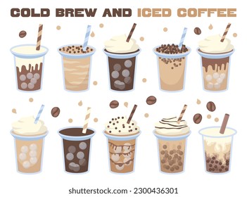 Iced coffee set. Cold brew beverages with straw. Energetic tasty drink with milk. Flat vector illustration