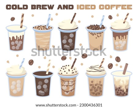 Iced coffee set. Cold brew beverages with straw. Energetic tasty drink with milk. Flat vector illustration