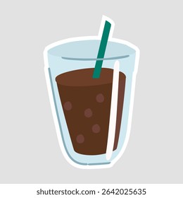 Iced Coffee Sticker. Vibrant vector illustration of iced coffee in a glass with a straw, ideal for beverage menus and cafe themes