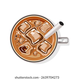 Iced coffee with straw, top view.Vector illustration isolated on white background.